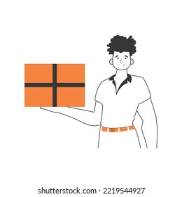 El hombre tiene un paquete. El concepto de entrega de bienes y paquetes. Estilo lineal. Aislado sobre fondo blanco. Ilustración vectorial.