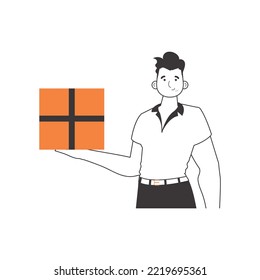The man is holding a parcel. The concept of the delivery of goods and parcels. Linear modern style. Isolated on white background. Vector illustration.