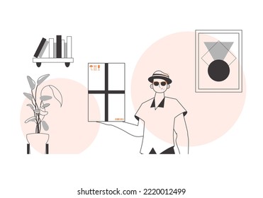 The man is holding a parcel. The concept of the delivery of goods and parcels. Linear modern style.