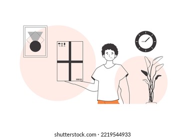 The man is holding a parcel. Delivery concept. Linear trendy style.