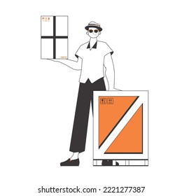 The man is holding a parcel. Delivery concept. Linear trendy style. Isolated on white background. Vector illustration.