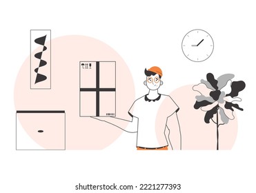 The man is holding a parcel. Delivery concept. Linear modern style.