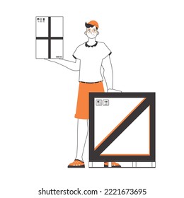 The man is holding a parcel. Delivery concept. Linear style. Isolated on white background. Vector illustration.
