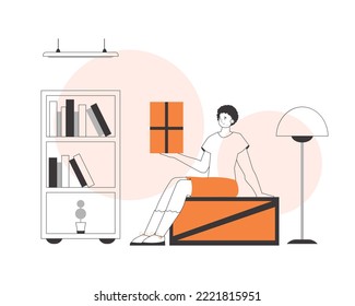 El hombre tiene un paquete. Concepto de entrega de paquetes. Estilo moderno lineal.