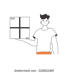 El hombre tiene un paquete. Proveedor de paquetes. Estilo moderno lineal. Aislado sobre fondo blanco. Ilustración vectorial.