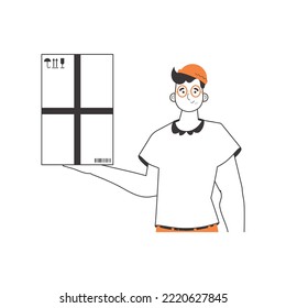 The man is holding a parcel. Parcel Provider. Linear trendy style. Isolated on white background. Vector illustration.