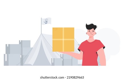 The man is holding a parcel. The theme of humanitarian aid. Flat modern design. Vector.
