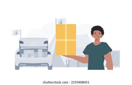 The man is holding a parcel. The theme of humanitarian aid. Vector illustration.