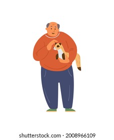 Man Holding And Patting Ferret Vector illustration. Happy Pet Owner. Isolated on white.