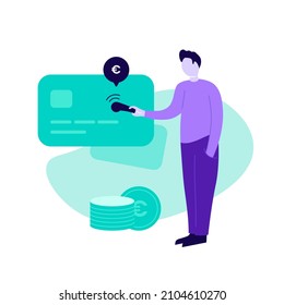 Man holding payment terminal for credit card payment. Trendy flat illustration of male character. 