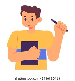 Man holding pen and notebook for business, education, writing, notetaking, planning, organization, signing documents, idea generation, brainstorming concepts.