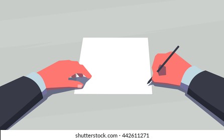 Man holding pen and sits in front of a blank sheet of paper. Subjective view perspective. Making decision concept. Vintage style illustration.