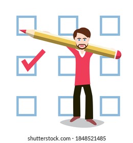 Man Holding Pencil with Checkbox on Background - Vector