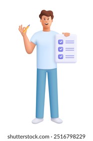 Hombre sosteniendo lápiz y hoja de lista de verificación, documento con marcas de verificación. Plazo, planificación y organización del proyecto de trabajo, concepto de tareas empresariales. Personaje de personas de Vector 3D. Estilo minimalista de dibujos animados.