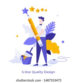 Man holding pencil and draw 5 starts with it. Concept of evaluation of design quality, professional ranking of creative work, creativity service feedback. Modern flat colorful vector illustration.