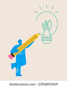 Man holding pencil drawing new light bulb. Thinking process concept. Colorful vector illustration
