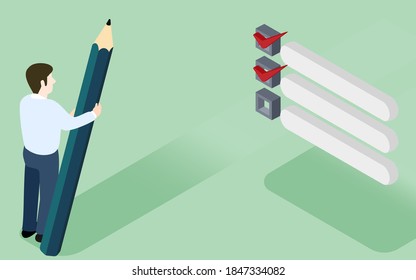 A man holding a pencil in front of the checklist isometric