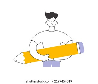 El hombre tiene un lápiz. Estilo de moda lineal. Aislado. Ilustración vectorial.