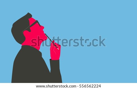 Man holding a pencil, looking up and thinking. Stylized silhouette isolated on blue background.