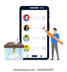 Un hombre sostiene un lápiz para marcar una lista de verificación en la pantalla de su teléfono inteligente. Concepto de votación en línea. Tomar decisiones, papeletas y democracia.