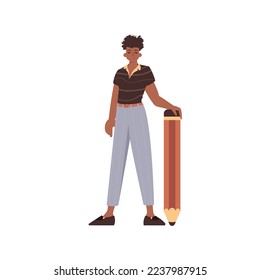 The man is holding a pencil. Modern trendy style.