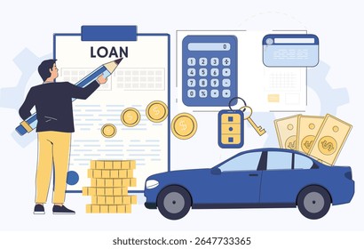 Man holding pencil near loan document, with coins, calculator, credit card, and car on light background, representing auto financing and budgeting. Vector illustration