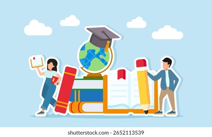 Man holding a pencil near an open book and young woman reading near a stack of books globe and graduation cap illustration of literacy to support school or university graduation