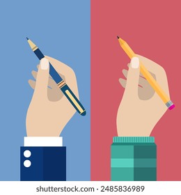 Man holding a pencil and pen for writing. Vector illustration in flat design. Writer, journalist, student. Hand writing man.