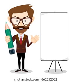 Man holding a pencil and pointing to a blank poster. Stock vector illustration for poster, greeting card, website, ad, business presentation, advertisement design.