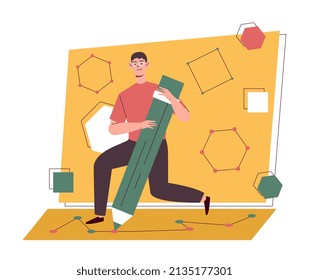 Man Holding Pencil. Talented Character, Creative Person. Graphic Designer Or Freelancer Working On Project. Development Of Design For Website Or Interface For App. Cartoon Flat Vector Illustration