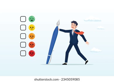 Man holding pencil thinking about experience and giving rating on questionnaire with happy, neutral and angry faces, customer rating, feedback from consumer for liking product and service (Vector)