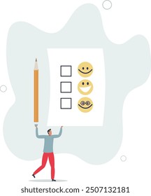 man holding pencil thinking about experience and giving rating on questionnaire with happy, neutral and angry faces.flat design with people.