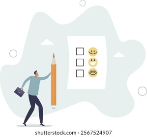 man holding pencil thinking about experience and giving rating on questionnaire with happy, neutral and angry faces.flat characters.