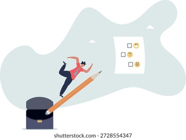 Hombre sosteniendo un lápiz pensando en la experiencia y dando calificación en el cuestionario con caras felices, neutrales y enojadas... vida y empleo de las personas.