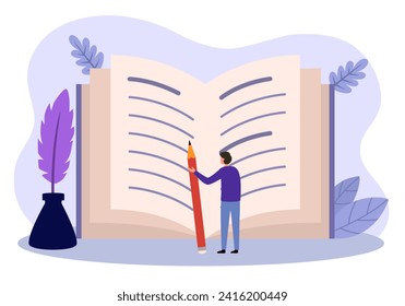 Hombre sujetando un lápiz para escribir en un libro de texto. Ilustración vectorial de escritura de contenido de libros. Escritor trabajando para publicar.