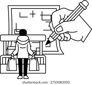 A man is holding a pencil and writing on a piece of paper. The image is of a person shopping with a handbag and a shopping cart. The man is writing on the paper