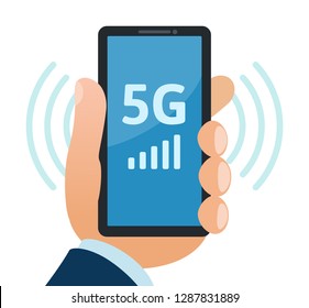 Man holding phone with 5G mobile network logo on screen. Fifth generation wireless network. Business illustration on white background, cartoon, flat, sign.