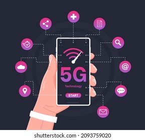 Man holding a phone with 5G network wireless systems, High-speed mobile Internet concept. Big letters 5G on screen mobile and related icon.