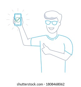 a man holding a phone with a big green checkmark on the screen in line draw style icon