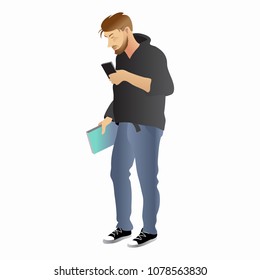 Man holding phone and  book