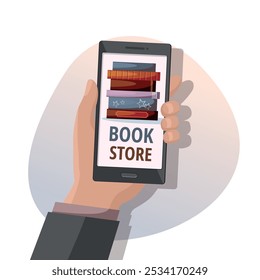 Man holding phone. Books store, online library concept isolated on white background.