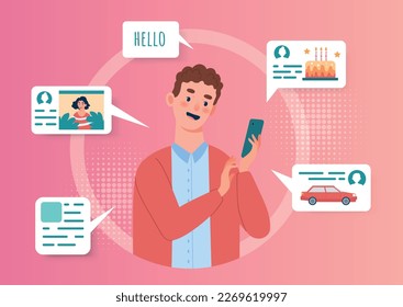 Man holding phone concept. Man with smartphone in his hands uses Internet. Rates car and reads social networks. Information, knowledge and communication online. Cartoon flat vector illustration