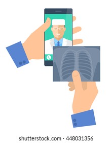 Man holding a phone with doctor online and x-ray image. Telemedicine and telehealth vector flat concept illustration. Hand, smartphone, xray picture, medic online exams lung radiography. Tele medical