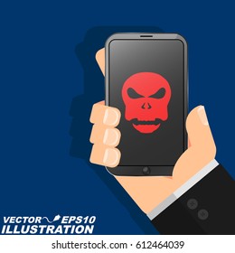 A man is holding a phone hacked in his hand. The red skull burns on the modern screen and indicates a serious danger. Illustration in a flat style