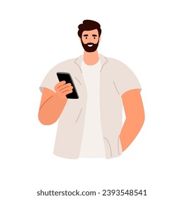 Man is holding a phone in his hand. Call, message, business, love. Vector illustration.