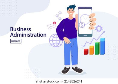 Man holding the phone. Mobile application for data analysis and accounting. File management. User data protection. Electronic document management. Finance and administration app with charts. vector