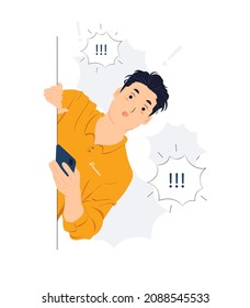Man holding phone and peeking behind the wall while startled, shocked, Surprised, curiosity, listening, discovery and Pay attention concept illustration