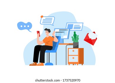 Man holding phone using social media with a computer in the background receiving notifications and emails