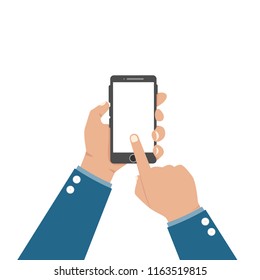  Man holding phone, vector illustration. Place for your text, copy space.