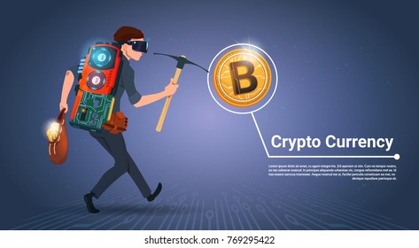 Man Holding Pickaxe Bitcoin Mining Concept Digital Money Crypto Currency Concept Vector Illustration